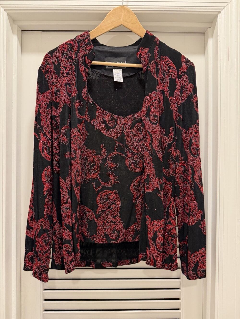 VTG Alex Evenings Black Red Paisley Baroque Sparkle Jacket Tank 2 Pc Set Large